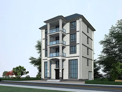 Modern Detached Villa Exterior With Multi Story Design Balconies Large Windows And Trees 3d model