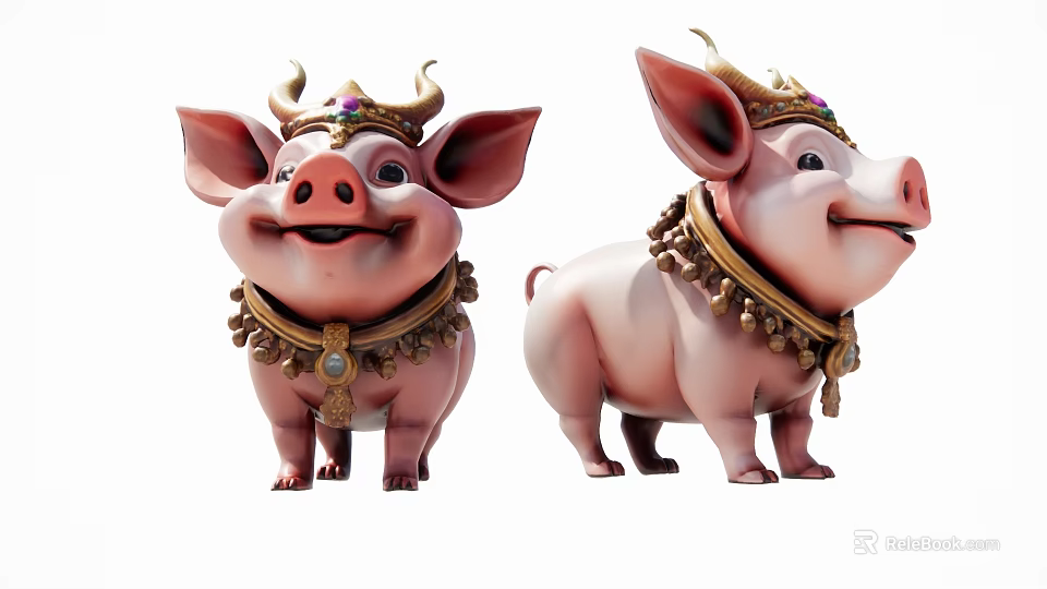 Two Pink Reptile Figurines Adorned With Golden Crowns And Necklaces 3d model 