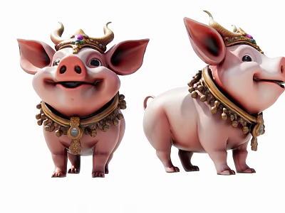 Two Pink Reptile Figurines Adorned With Golden Crowns And Necklaces 3d model