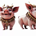 Two Pink Reptile Figurines Adorned With Golden Crowns And Necklaces