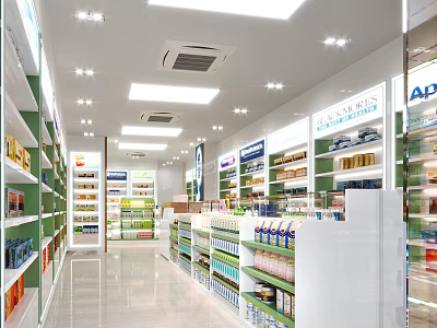 Bright Organized Pharmacy Store Interior With Shelves And Various Products 3d model