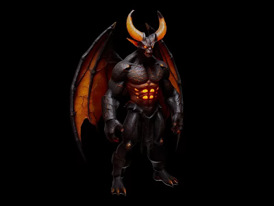 Game Movie Demon Character With Large Horns Bat Wings Muscular Build Glowing Orange Chest 3d model