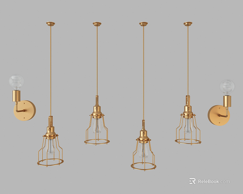 Golden Lighting Fixture Set with Pendant Lights Wall Sconces Metal Frame and Glass Bulbs 3d model 