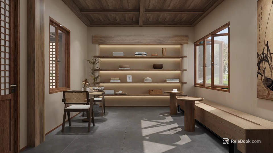 Hotel Public Lounge Area With Wooden Ceiling Shelves Tables Chairs And Natural Light 3d model 