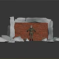 Soldier Standing In Front Of Red Brick Wall With White Ice Rocks On Sandy Ground