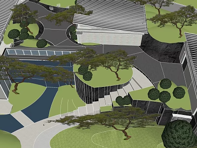 Modern Landscape Design Featuring Modern Buildings Green Lawns Trees Stone Steps And Winding Paths 3d model
