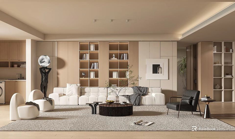Modern Living Room Interior Design With Comfortable Sofa Round Coffee Table And Decorative Bookshelf 3d model 