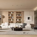 Modern Living Room Interior Design With Comfortable Sofa Round Coffee Table And Decorative Bookshelf