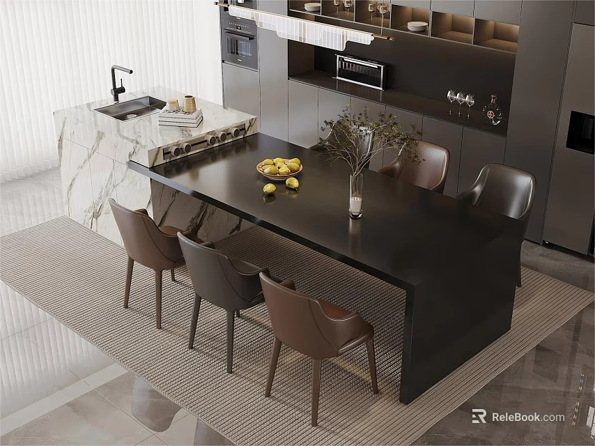 Modern Restaurant Interior With Open Kitchen Black Dining Table And Leather Chairs 3d model