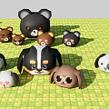 Cute Colorful Plush Animal Characters Rabbit Pig Bear Dog Panda Arranged On Green Checkered Mat