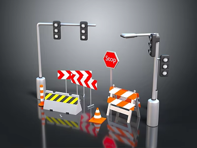 Traffic Safety Equipment With Stop Sign Cones Barriers And Signal Lights 3d model