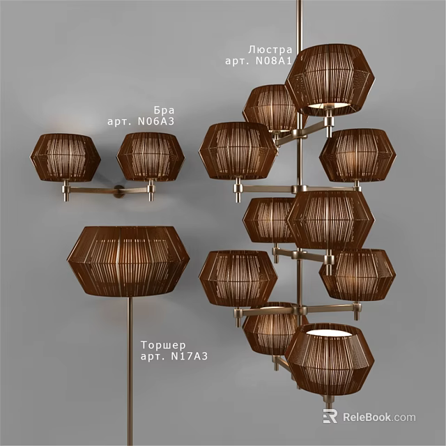 Modern Brown Woven Hexagonal Chandelier With Metal Frame For Interior Decoration 3d model 