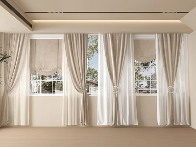 Light Beige Sheer Curtains with Layered Design for Modern Window Interior 3d model