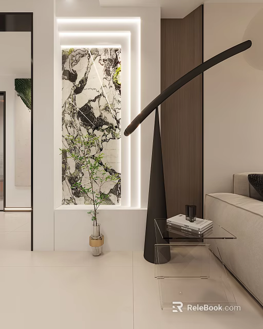 Modern Minimalist Entryway Hallway Design With Marble Decor Green Plants And Glass Table Lighting 3d model 