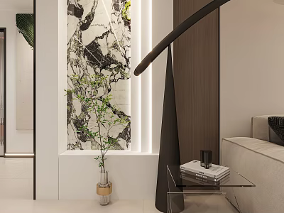 Modern Minimalist Entryway Hallway Design With Marble Decor Green Plants And Glass Table Lighting 3d model