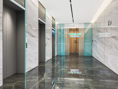 Modern Elevator Hallway Design With Marble Walls Glass Partitions And Polished Floors 3d model