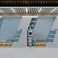 Modern Campus Corridor With Linear Ceiling Lights Plant Shelves Robot And Wooden Benches