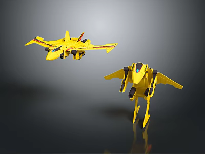 Yellow Robot Action Figure With Airplane And Robot Transformable Mechanical Forms 3d model