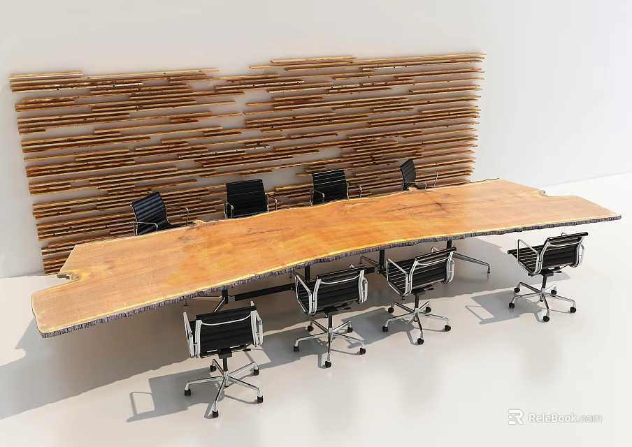 Long Solid Wooden Conference Table With Black Wheeled Office Chairs And Decorative Slat Wall 3d model 
