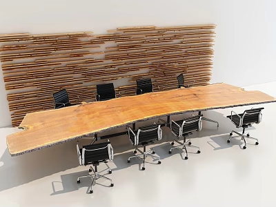 Long Solid Wooden Conference Table With Black Wheeled Office Chairs And Decorative Slat Wall 3d model