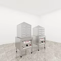 Silver Commercial Kitchen Appliances with Steamer Oven on Marble Floor in White Room