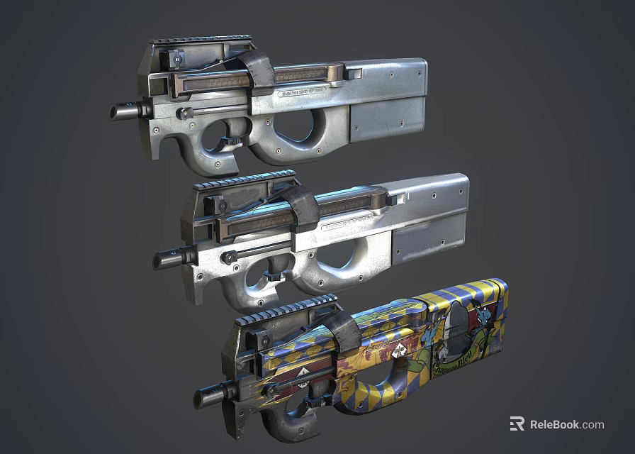 Three Different Designed Pistols With Colorful Patterns And Unique Modern Styles 3d model 