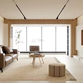 Modern Living Room Interior With Brown Leather Sofa Beige Rug Wooden Elements And Large Windows