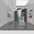 Modern Dental Clinic Interior With Dental Chair Blue Curtains Bookshelf And Computer