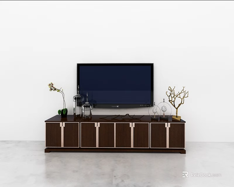 Modern Dark Wood TV Stand With Flat Screen TV Storage Cabinets Drawers And Decorative Plants 3d model 
