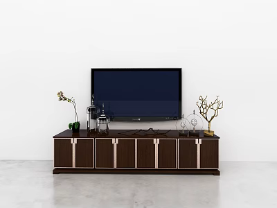 Modern Dark Wood TV Stand With Flat Screen TV Storage Cabinets Drawers And Decorative Plants 3d model