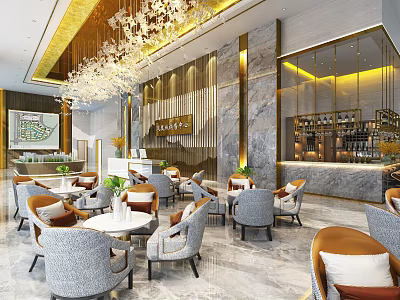Luxury Sales Office Interior Design With Chandelier Marble Walls Bar Counter And Green Plants 3d model