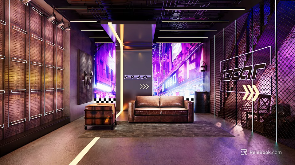 Modern Public Office Space Interior With Neon Decor Leather Sofa And Metal Partitions 3d model 