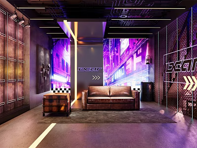 Modern Public Office Space Interior With Neon Decor Leather Sofa And Metal Partitions 3d model