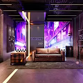Modern Public Office Space Interior With Neon Decor Leather Sofa And Metal Partitions