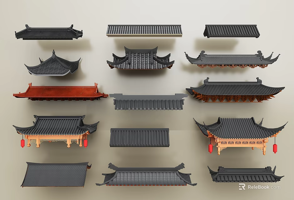 Traditional Chinese Architectural Roof Components With Tile Eaves And Wooden Structures 3d model 