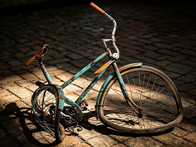Rusty Old Blue Bicycle with Brown Handlebars on Brick Pavement in Sunlight 3d model