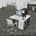 Modern Office Work Desk With Multiple Computer Monitors And Black White Office Chairs 3d model