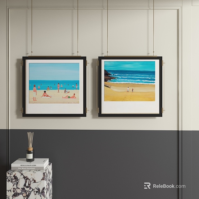 Abstract Paintings With Beach Scenes In Black Frames Hanging On Gray And White Wall 3d model 