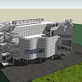 Modern Office Building With Curved Glass Curtain Wall And External Staircase