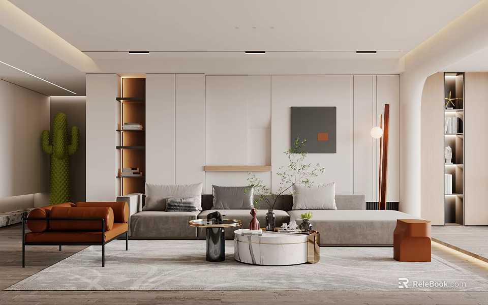 Modern Living Room Interior Design Featuring Gray Sofa Coffee Table Cactus And Artwork 3d model 
