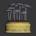 Purple Mushroom Shaped Plants On Golden Base With Woven Pattern And Green Stem Accents