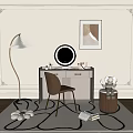 Elegant Dressing Table Setup With Round Mirror Beige Chair Floor Lamp And Framed Wall Art