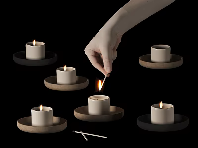 Human Hand Lighting Candle Among Multiple Lit Candles On Wooden Coasters With Matchstick 3d model