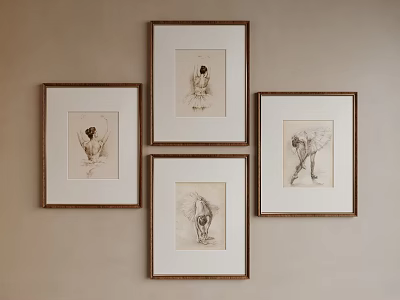 Four Framed Sketches With Brown Frames Hung On Beige Wall Art 3d model