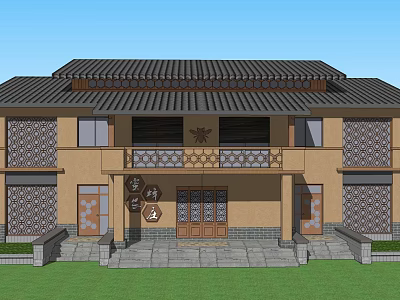Traditional Chinese Residential Building With Tiled Roof Yellow Walls Wooden Doors Stone Steps And Lawn 3d model