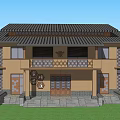 Traditional Chinese Residential Building With Tiled Roof Yellow Walls Wooden Doors Stone Steps And Lawn