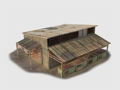 Rustic Wooden Cabin With Sloped Roof Overhanging Eaves And Storage Boxes 3d model