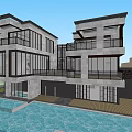 Modern Detached Villa Exterior Design With Swimming Pool Large Glass Windows And Stone Facade