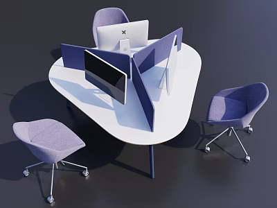 Modern White Office Desk With Computer Monitors File Organizers Surrounded By Three Purple Chairs 3d model