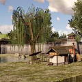 Ancient City Gate Architecture With Gray Brick Wall Wooden Bridge Weeping Willow And Green Grass